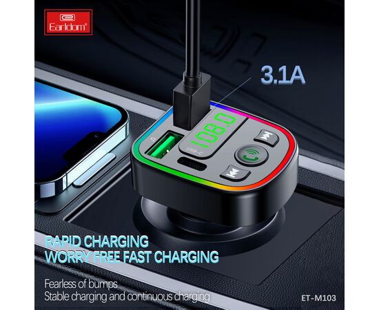  ФМ модулятор (2USB выхода + USB-C, Bluetooth) Earldom ET-M103,3.1A, с подсветкой 