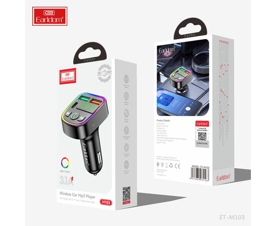  ФМ модулятор (2USB выхода + USB-C, Bluetooth) Earldom ET-M103,3.1A, с подсветкой 