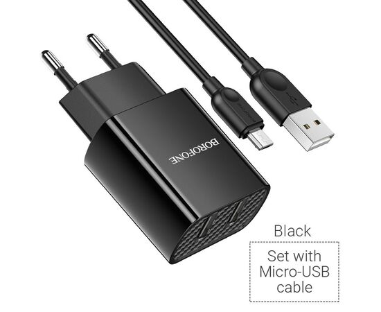  Блок питания сетевой 2 USB Borofone, BA53A, Powerway, 2100mA, пластик, кабель микро USB, цвет: чёрный(1/48/192) 