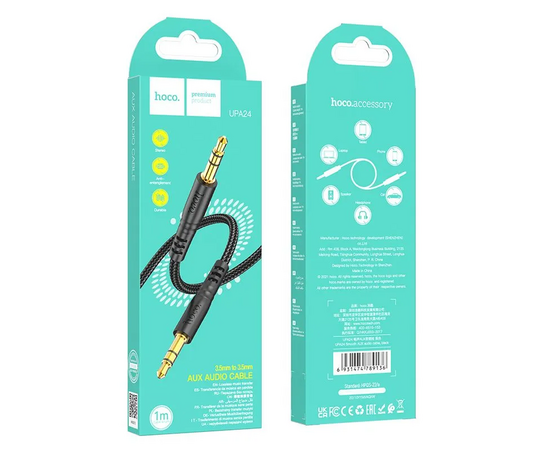  Кабель AUX, Jack 3,5mm(m) - Jack 3,5mm(m) HOCO UPA24 Smooth, 1.0м, круглый, нейлон, цвет: чёрный (1/420) 