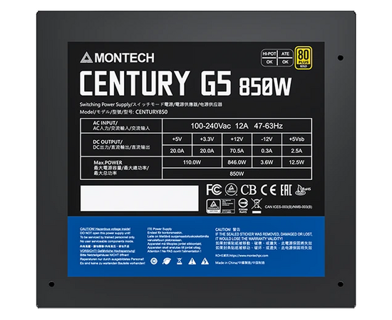  Блок питания Montech Century G5 850W / ATX 3.0, APFC, 80 Plus Gold, Full Bridge LLC, DC-DC, Japan caps, 120mm fan, full modular 