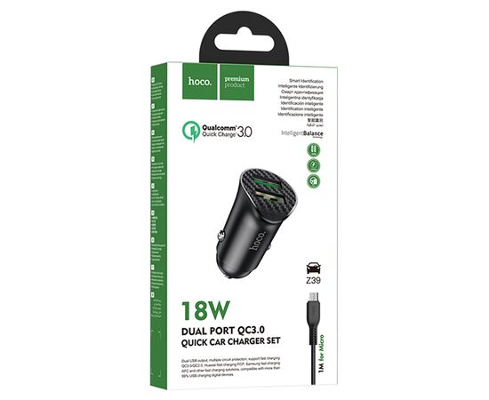  Автомобильное зарядное устройство HOCO Z39 Farsighted, 2xUSB с Кабелем USB - Micro, 18W, черный 