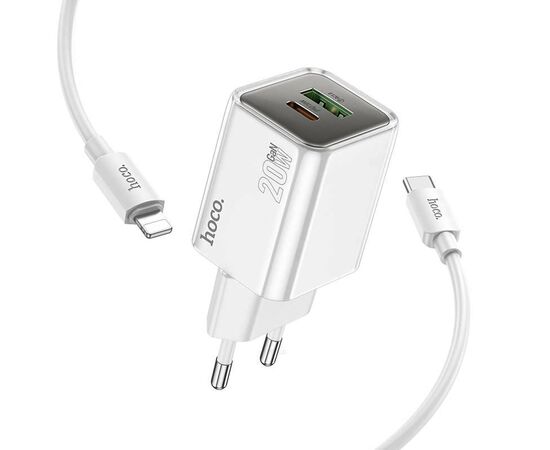  Адаптер Сетевой с кабелем Hoco N46 Glorious USB/Type-C 3A/20W (Type-C/Lightning) (white) (236173) 
