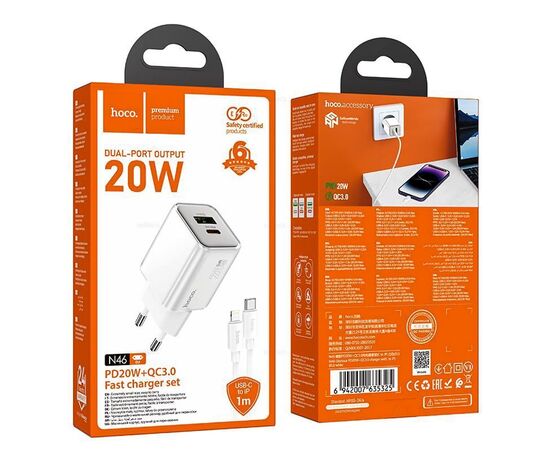  Адаптер Сетевой с кабелем Hoco N46 Glorious USB/Type-C 3A/20W (Type-C/Lightning) (white) (236173) 