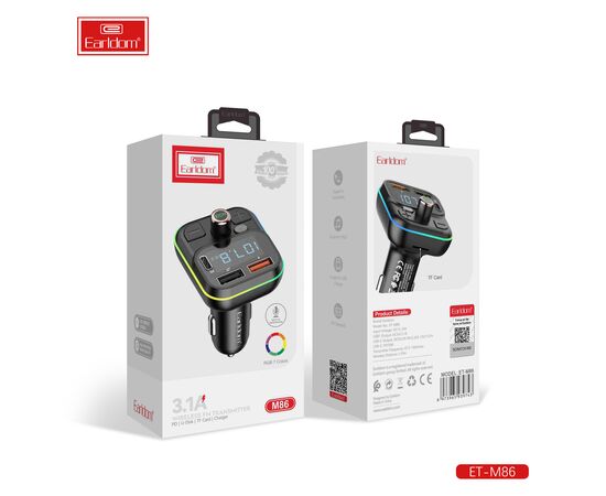  ФМ модулятор (2USB выхода + USB-C, microSD, Bluetooth) Earldom ET-M86,3.1A, с подсветкой 