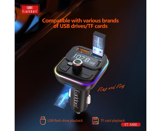  ФМ модулятор (2USB выхода + USB-C, microSD, Bluetooth) Earldom ET-M86,3.1A, с подсветкой 