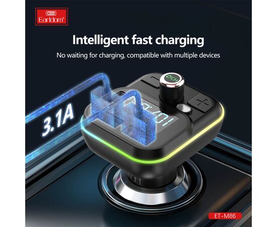  ФМ модулятор (2USB выхода + USB-C, microSD, Bluetooth) Earldom ET-M86,3.1A, с подсветкой 