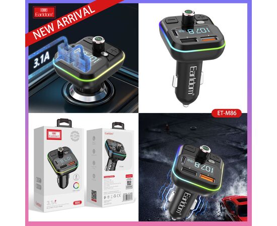  ФМ модулятор (2USB выхода + USB-C, microSD, Bluetooth) Earldom ET-M86,3.1A, с подсветкой 