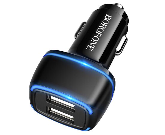  Блок питания автомобильный 2 USB Borofone BZ14, Max, 2400mA, пластик, светодиодный, цвет: чёрный 