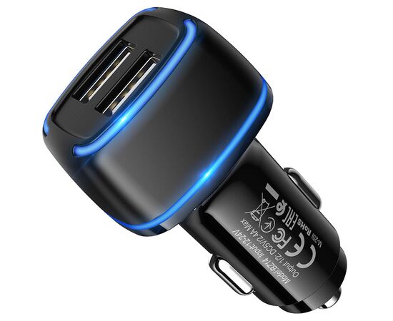  Блок питания автомобильный 2 USB Borofone BZ14, Max, 2400mA, пластик, светодиодный, цвет: чёрный 
