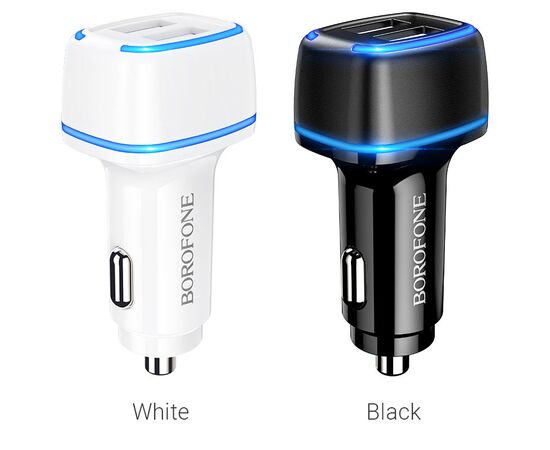  Блок питания автомобильный 2 USB Borofone BZ14, Max, 2400mA, пластик, светодиодный, цвет: чёрный 