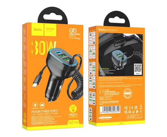  Блок питания автомобильный 2 USB, 1 Type-C HOCO NZ11A Guide, 3000mA, пластик, QC3.0, PD30Вт, кабель 8 pin, цвет: чёрный (1/13/130) 