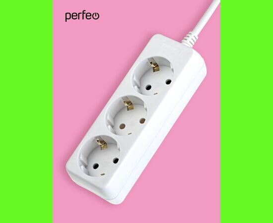  Сетевой удлинитель с заземлением Perfeo "POWERMATE", 1,5м, 3 розетки, белый (PF-PE-3/1,5-W) 